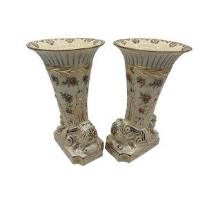 English Hand Decorated 1940's "Eaton China" Vases with Pink Roses and Blue Posie